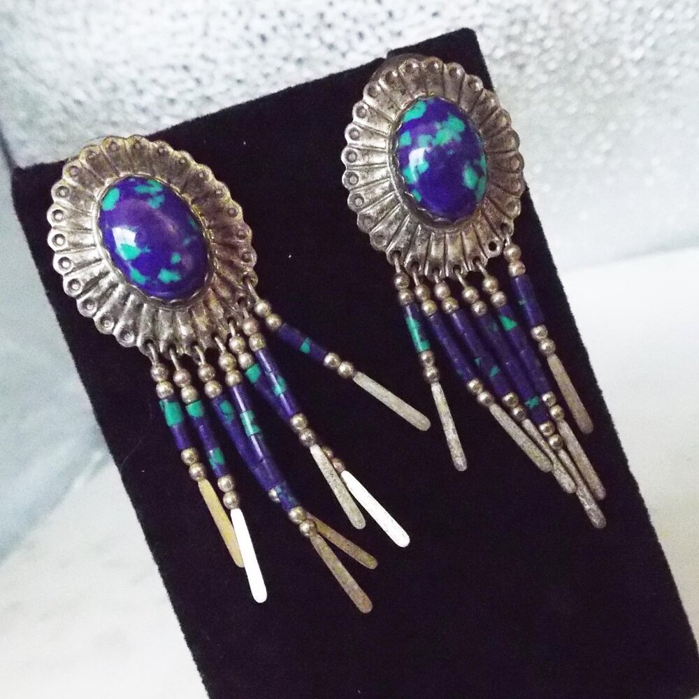 NATIVE AMERICAN NAVAJO AZURITE MALACHITE STERLING DANGLY EARRINGS 20